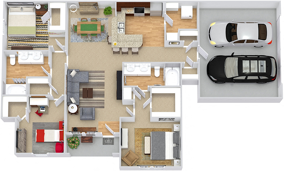 Floor plan for 3 beds, 2 baths, 1464 sqft